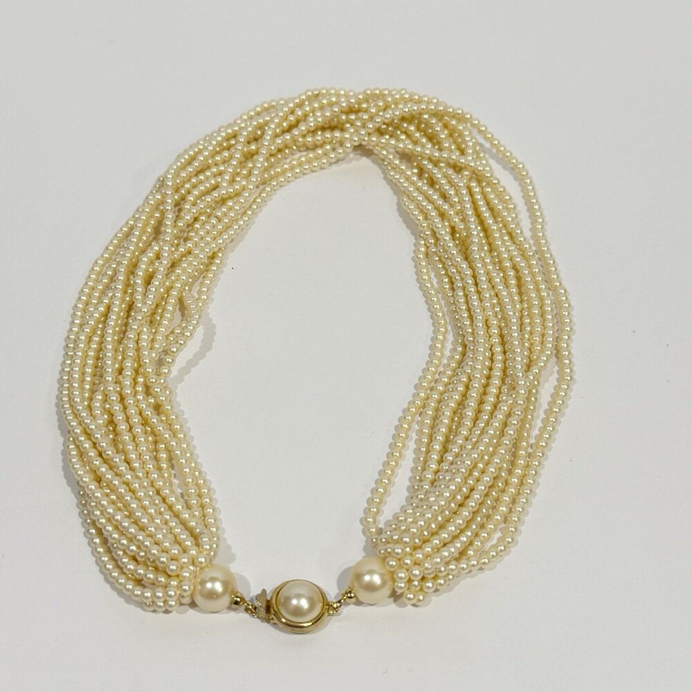 Vintage 10-Strand Faux Pearl Necklace with Patented Gold-Tone Clasp - Picture 3 of 16